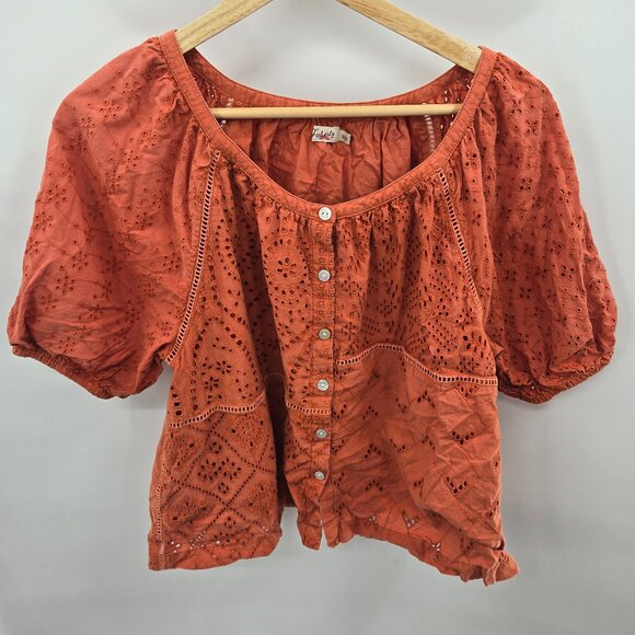 Faherty Tops - Faherty Rust Burnt Orange Eyelet 100% Organic Cotton Boho Blouse Size Medium